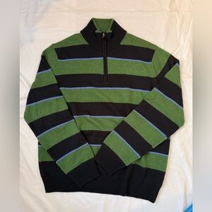 Brooks Brothers 346 Mens L Green Navy Striped Merino Wool 1/4 Zip Mock Neck EUC
